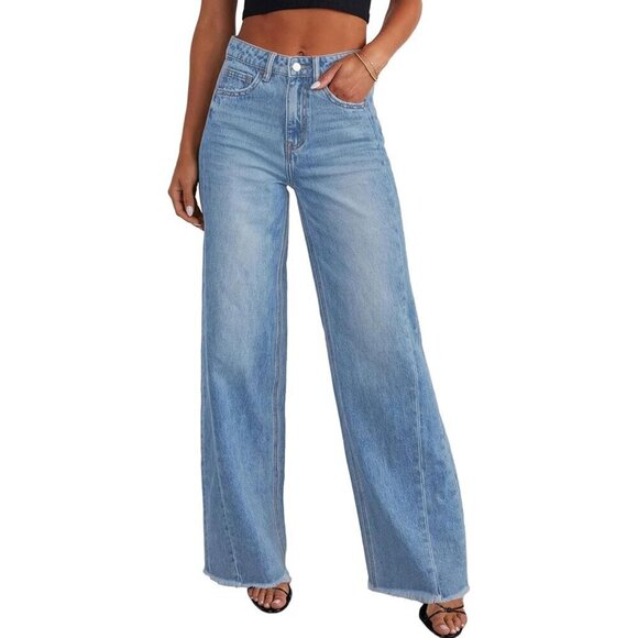 Denim - Wide Leg Jeans Women High Waisted Stretchy Baggy Raw Hem Denim Palazzo